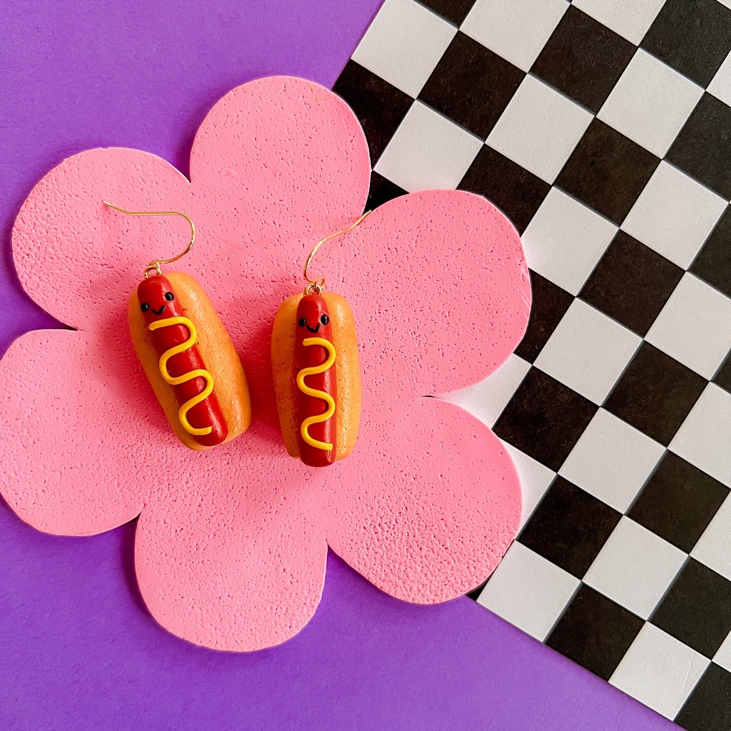 Dangle Hot Dog Clay Earrings