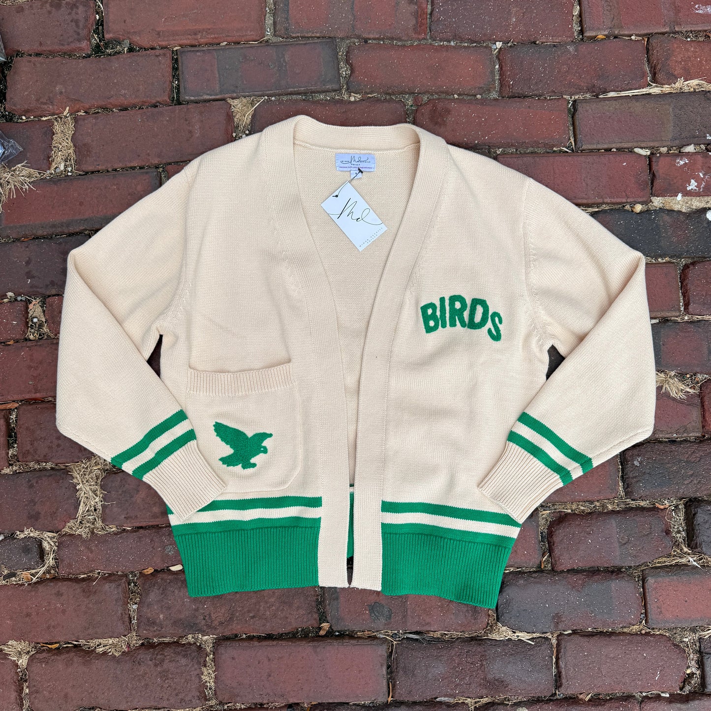 Cardigan with 'Birds' text and green accents on a brick wall