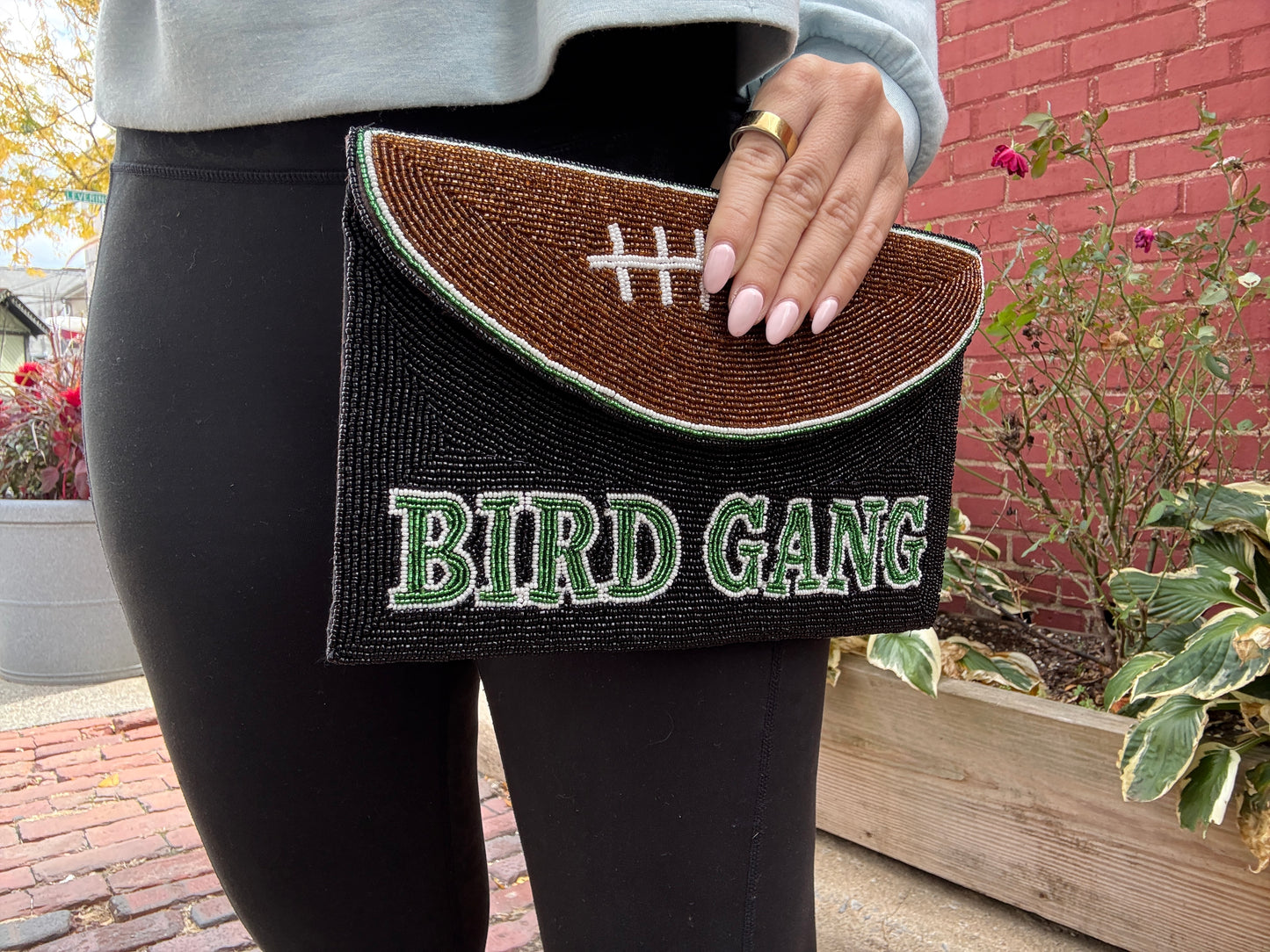 Bird Gang Beaded Football Clutch w/ Chain