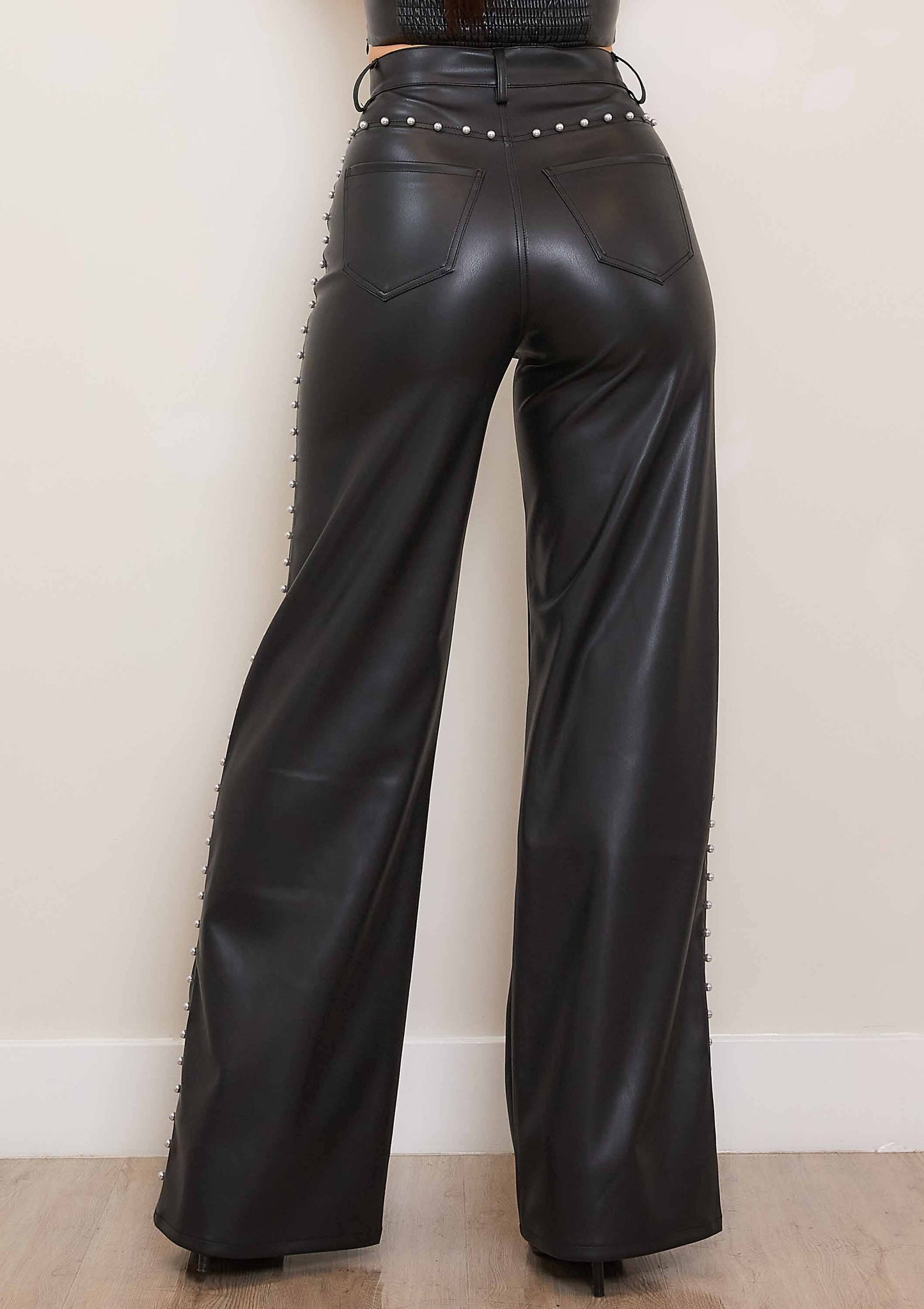 Vegan Leather Wide Leg Pants With Pearls