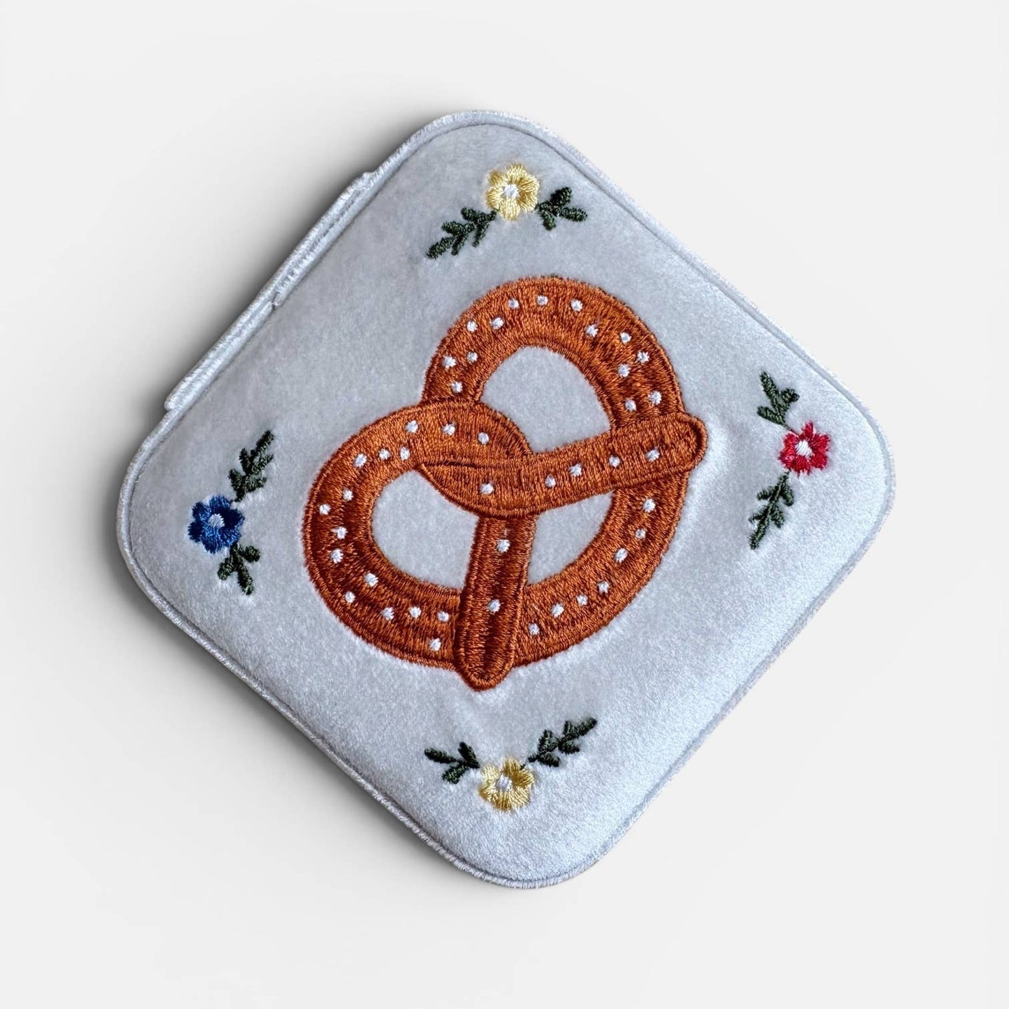 Cream Velvet Pretzel Embroidered Jewelry Travel Case Box