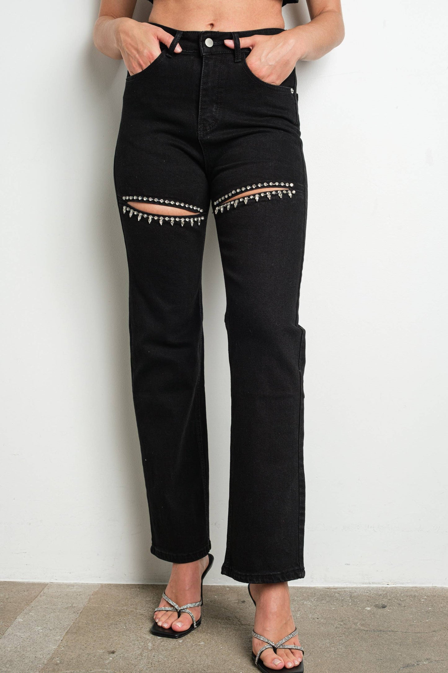 Rhinestone Embellished Cutout Denim Pants