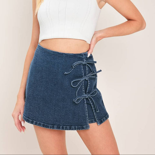 Denim Side Bow Detail Skort