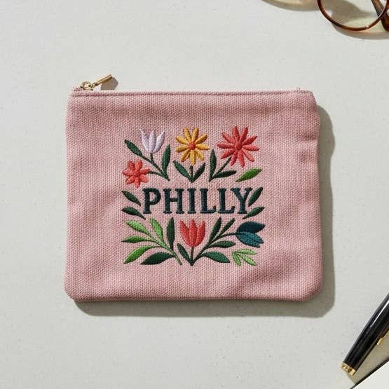 Philly Embroidered Floral Pink Pouch