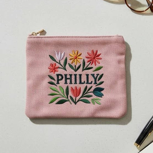 Philly Embroidered Floral Pink Pouch