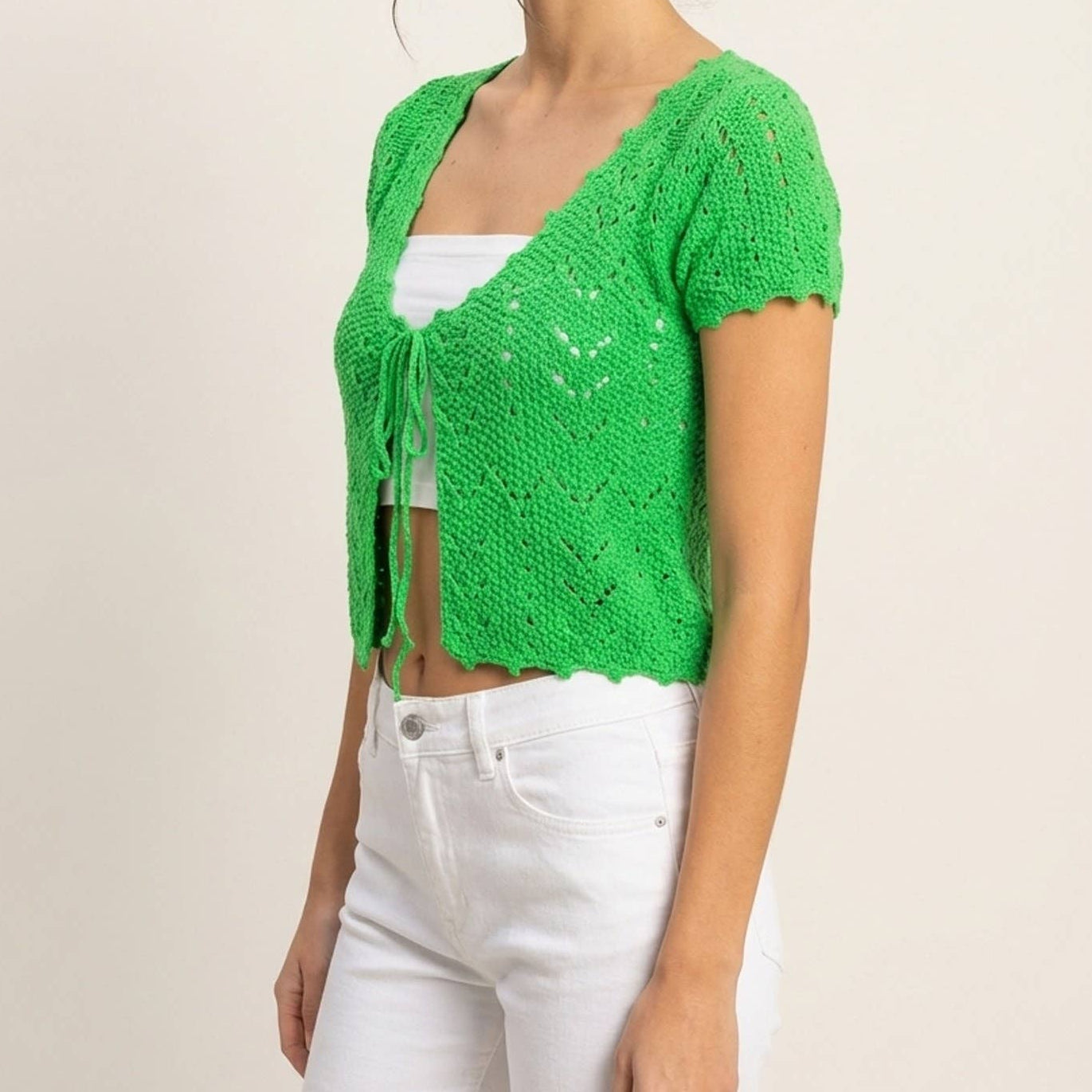 Pointelle Tie Front Knit Cardigan