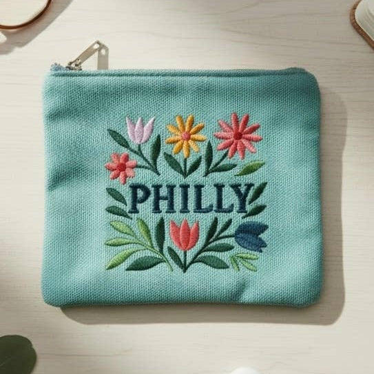 Philly Embroidered Floral Mint Pouch Jewelry