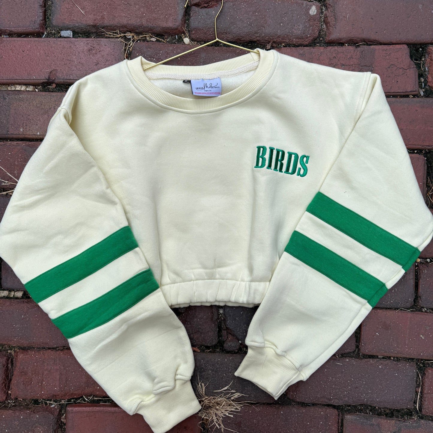 White sweatshirt with green stripes and 'BIRDS' text on a brick wall background