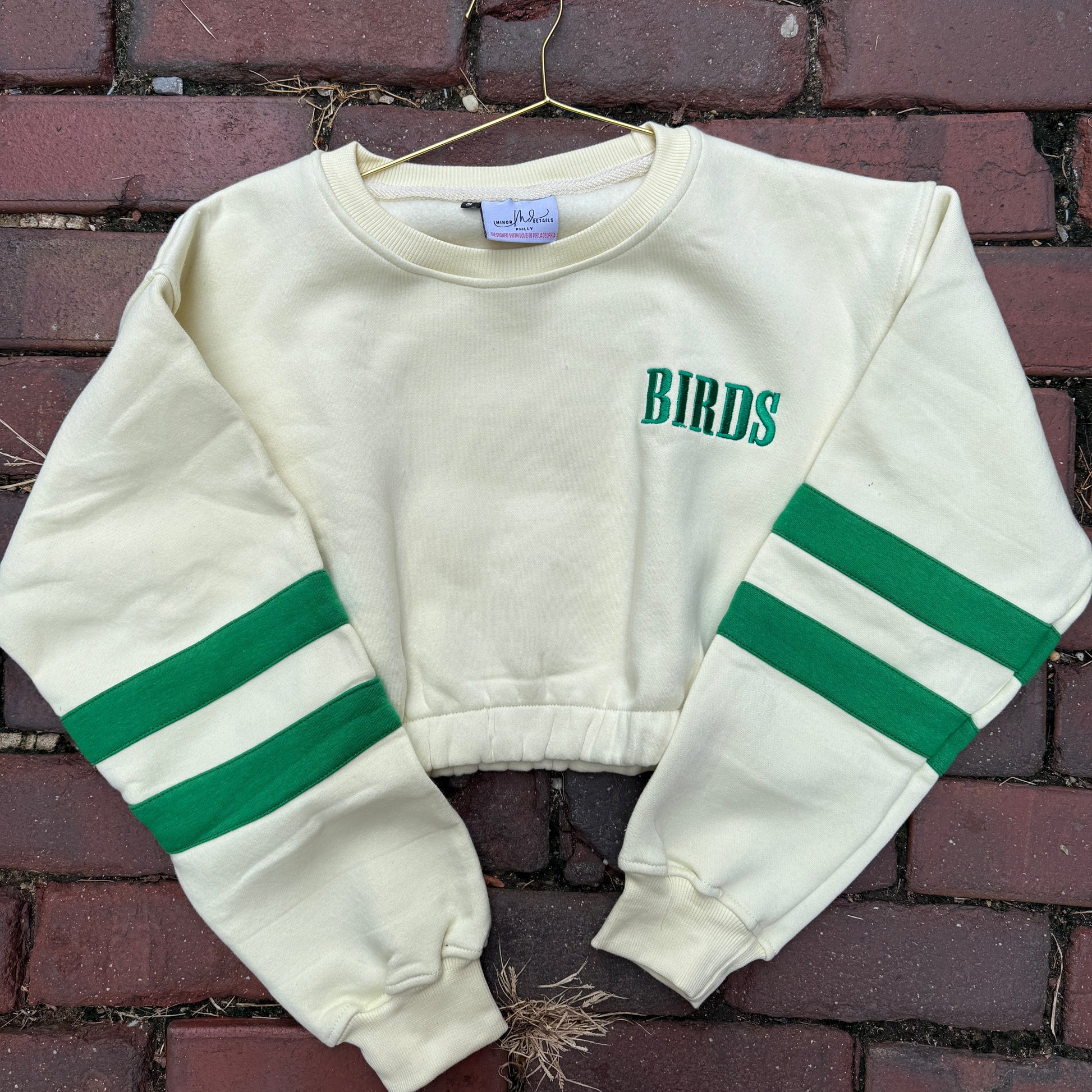White sweatshirt with green stripes and 'BIRDS' text on a brick wall background