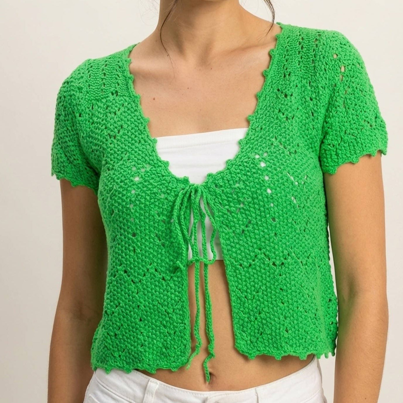Pointelle Tie Front Knit Cardigan