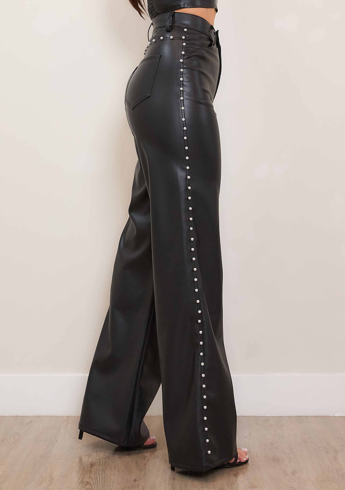 Vegan Leather Wide Leg Pants With Pearls