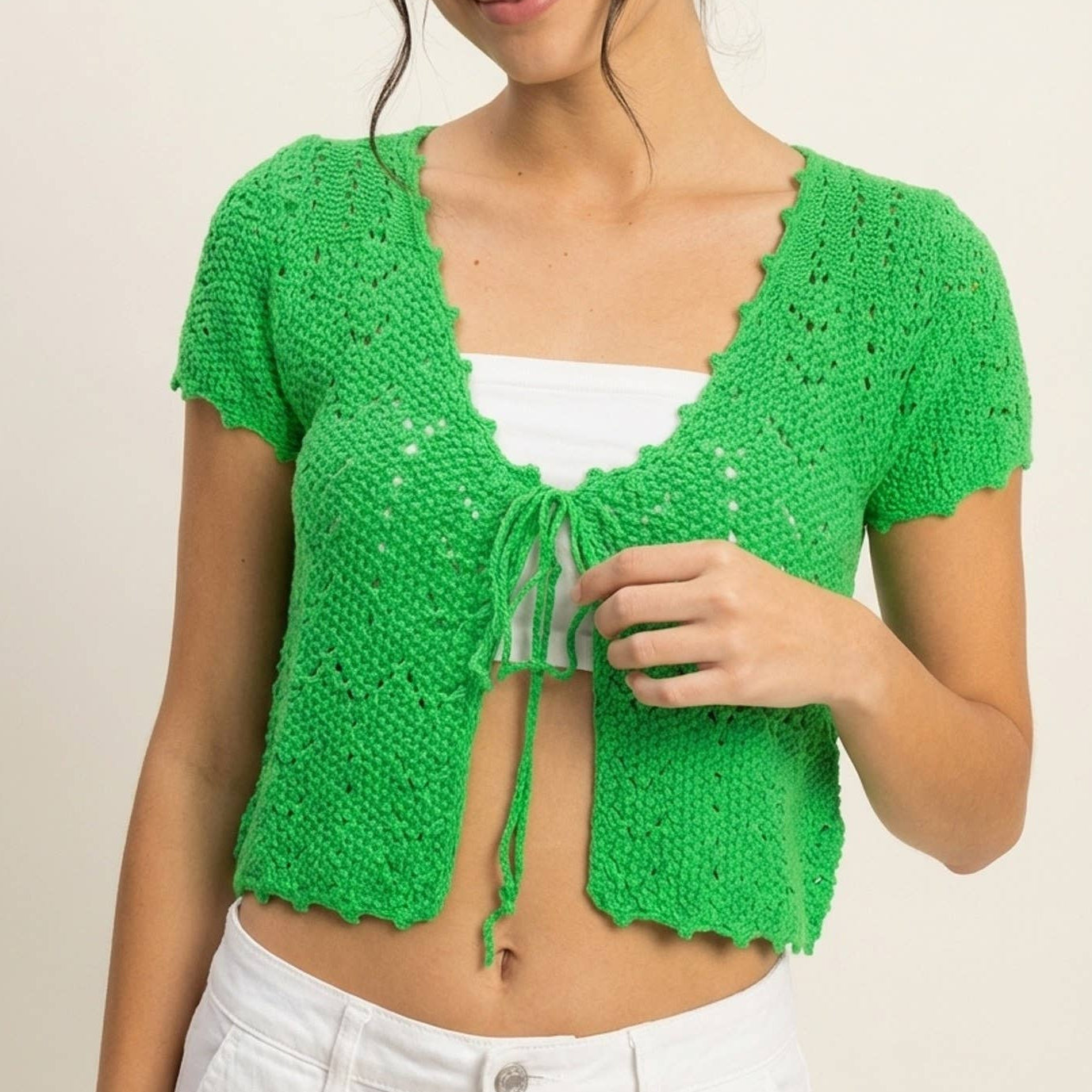 Pointelle Tie Front Knit Cardigan