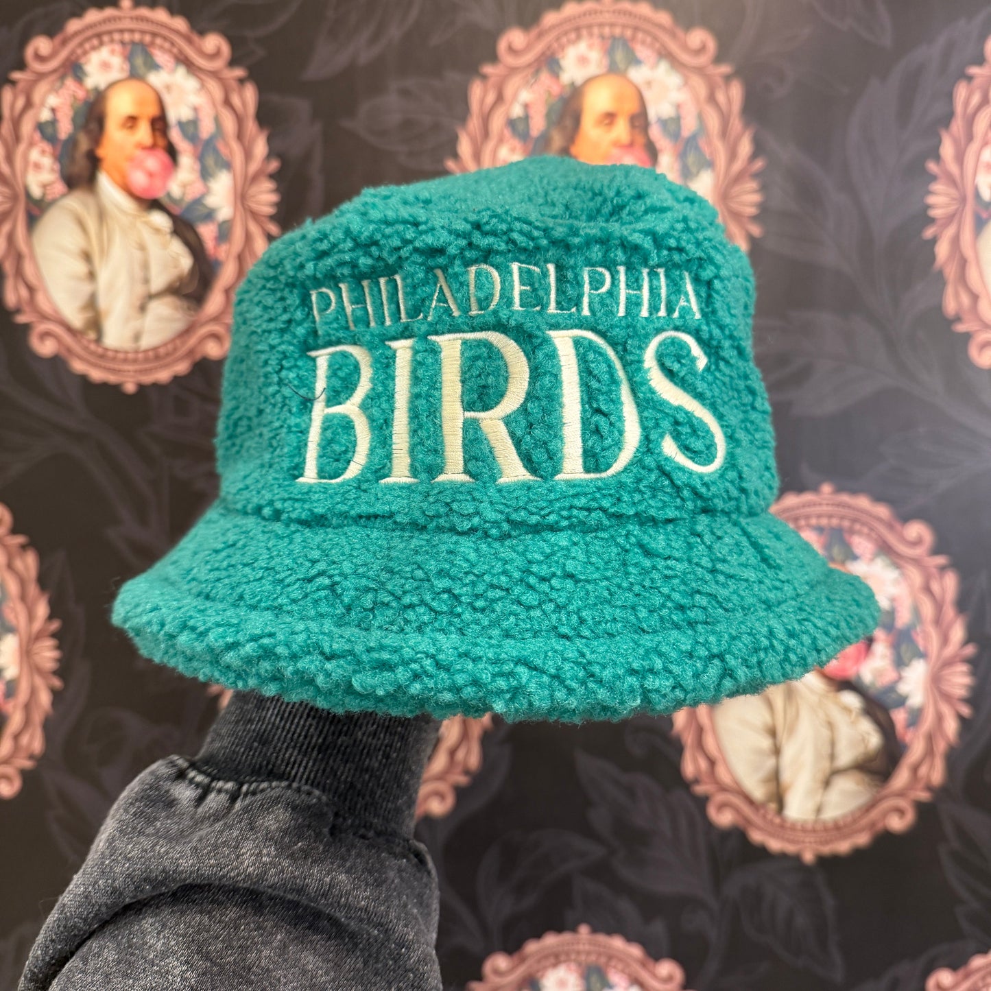 Green Philadelphia Birds hat held up against a patterned background