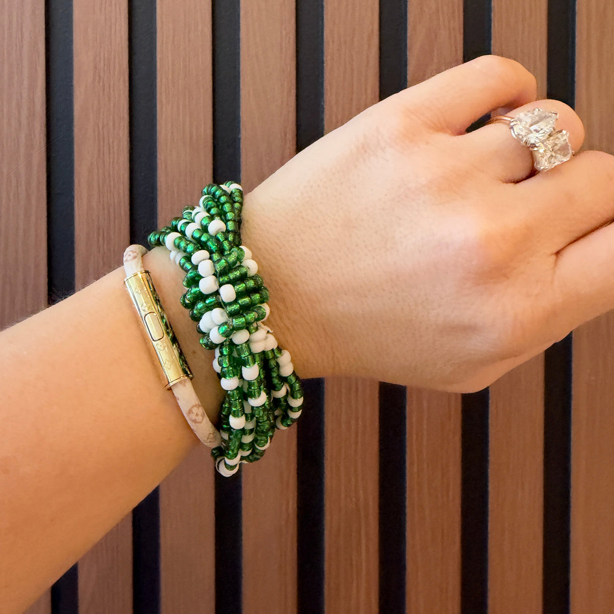 Green and White Game Day Beaded Bracelet