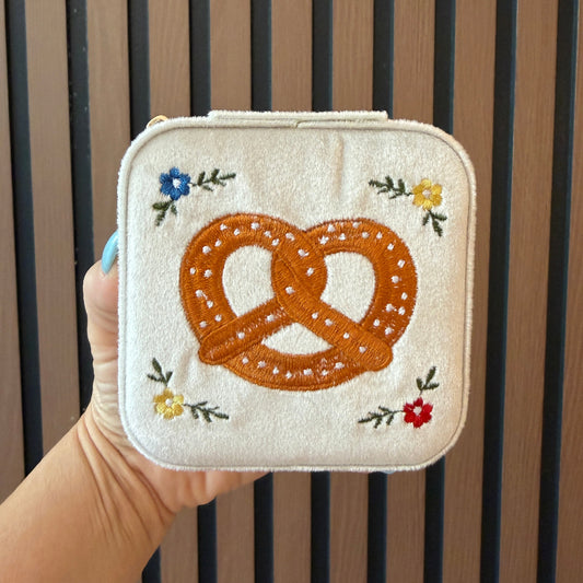 Cream Velvet Pretzel Embroidered Jewelry Travel Case Box