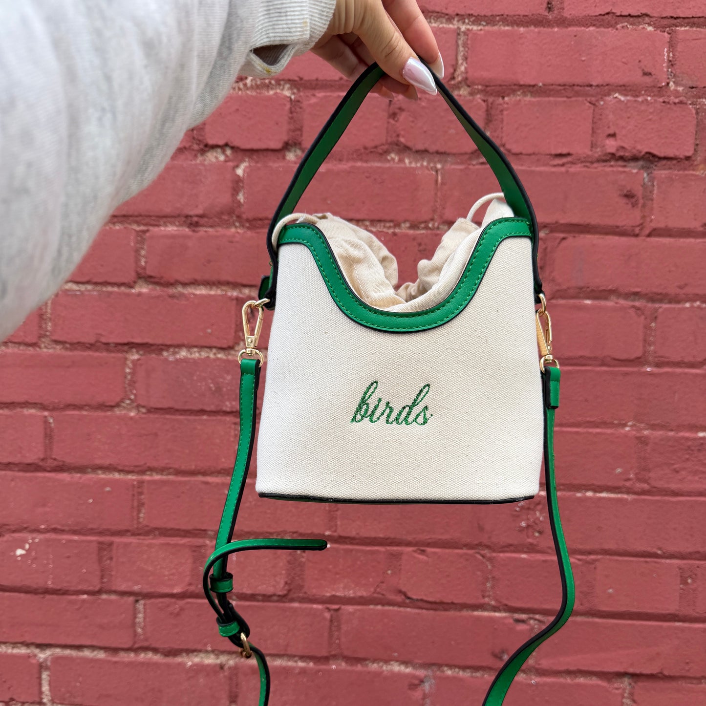 Birds Embroidered Drawstring Canvas Crossbody Bucket Bag