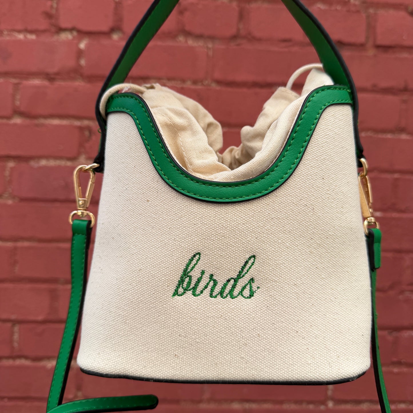 Birds Embroidered Drawstring Canvas Crossbody Bucket Bag