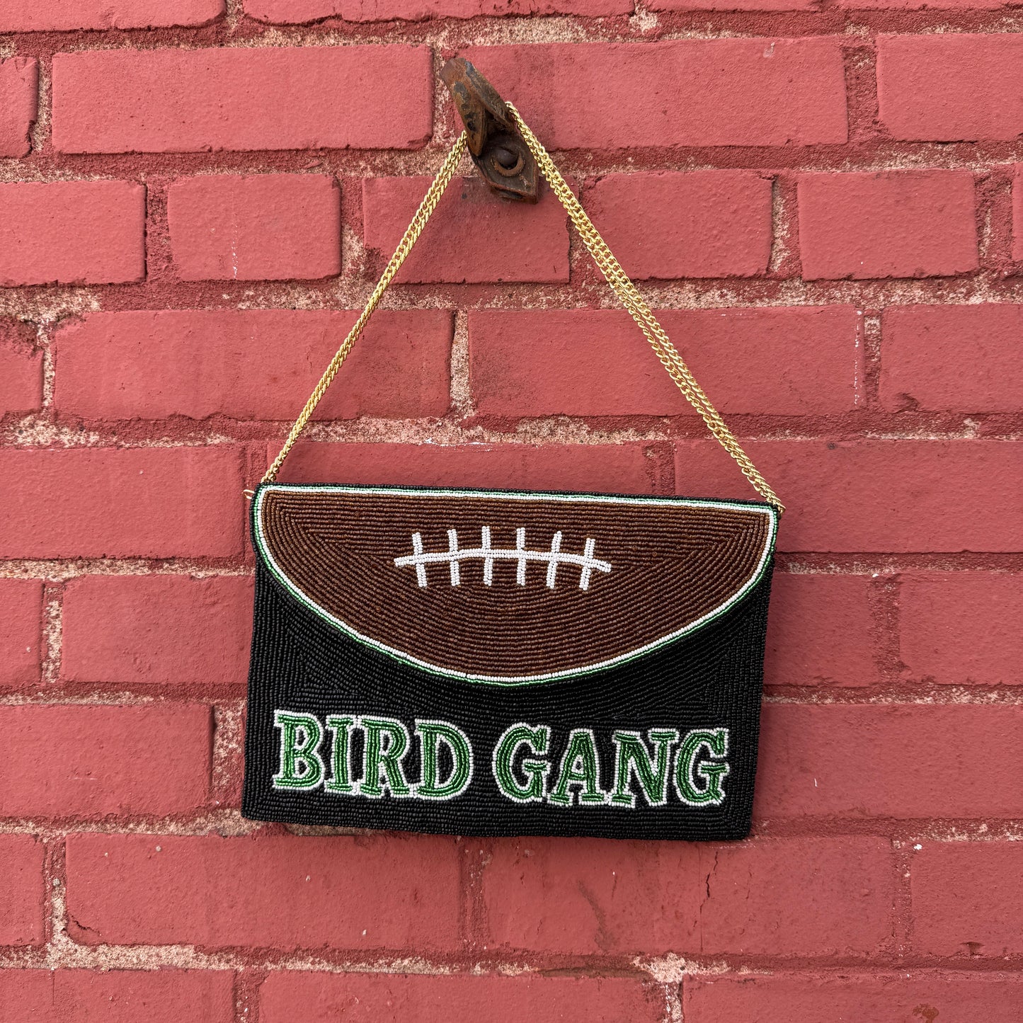 Bird Gang Beaded Football Clutch w/ Chain