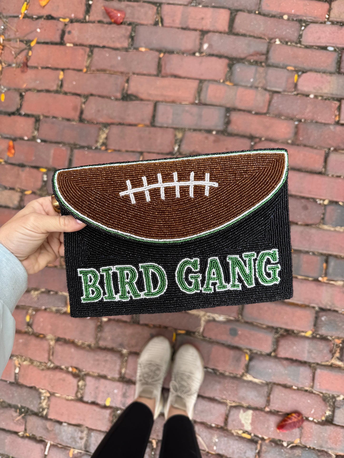 Bird Gang Beaded Football Clutch w/ Chain