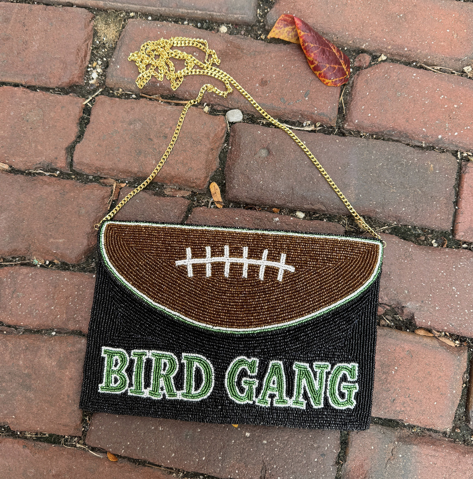 Bird Gang Beaded Football Clutch w/ Chain