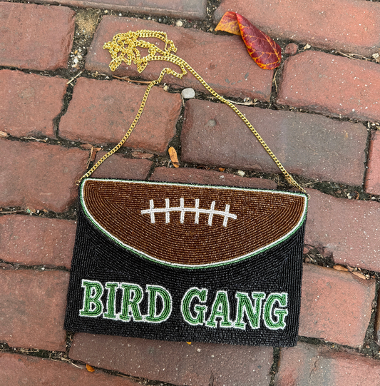 Bird Gang Beaded Football Clutch w/ Chain