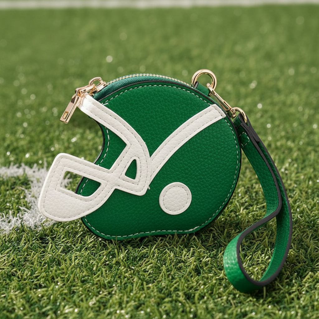 Green Faux Leather Football Helmet Mini Wristlet