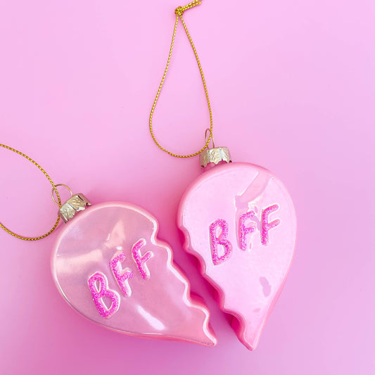 Glittered BFF Heart Christmas Ornament Set