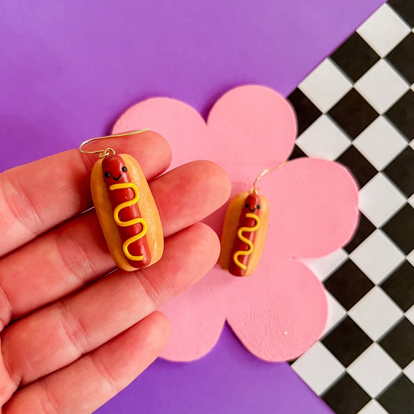 Dangle Hot Dog Clay Earrings