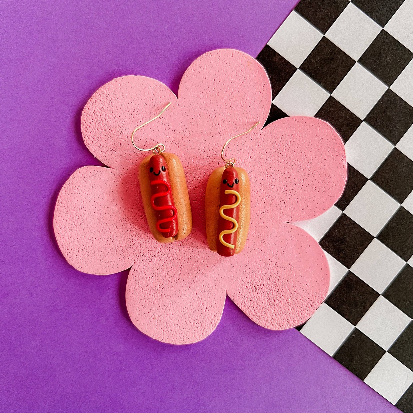 Dangle Hot Dog Clay Earrings