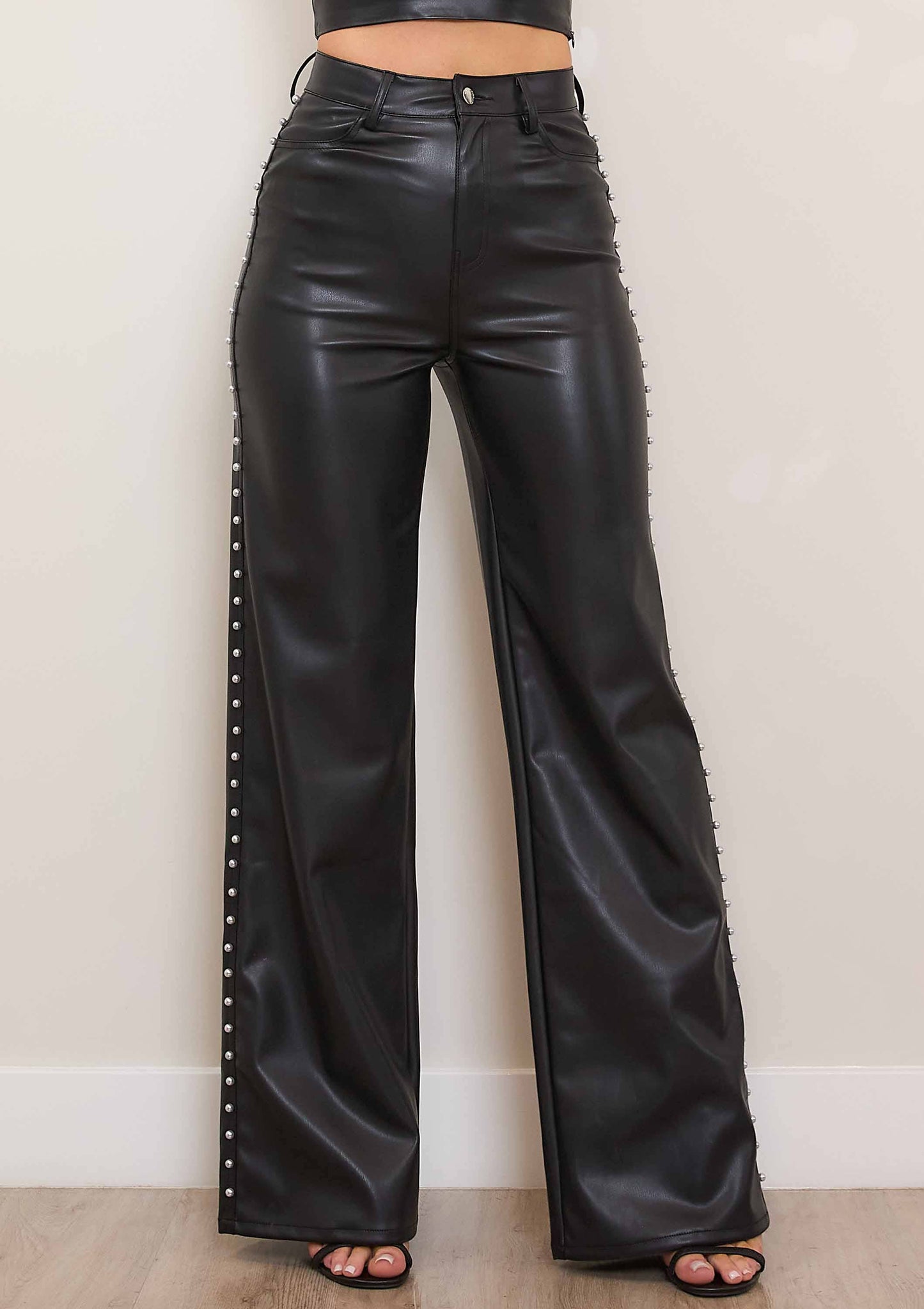 Vegan Leather Wide Leg Pants With Pearls